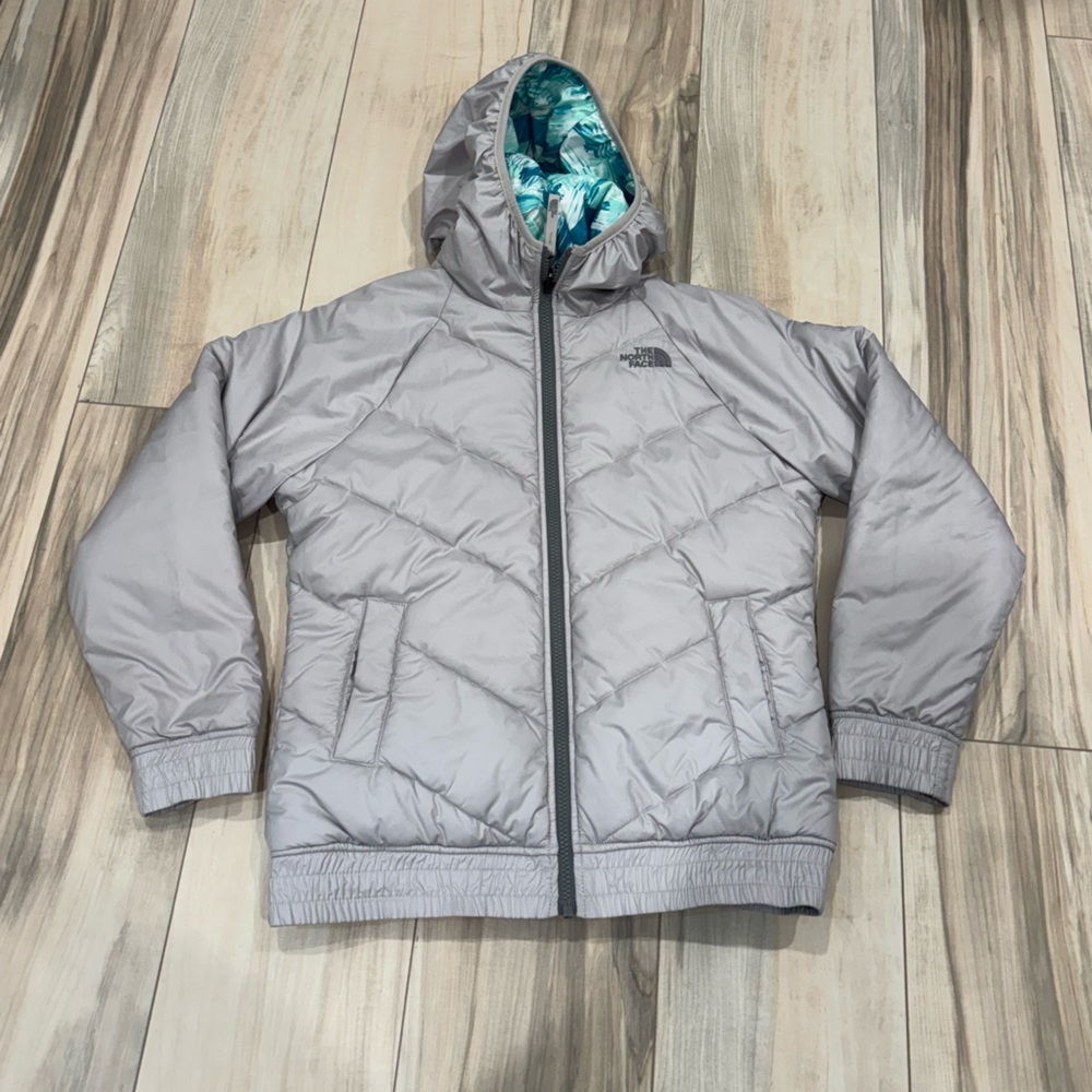 Girls The North Face Reversible Grey Hooded Bomber Coat | Size L 14/16